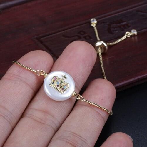 Rainbow Mix Cz Micro Paved Tiny Crown Charm Pearl Connector Charm Gold Dainty Link Bracelet For Woman Monther Jewelry Girl Gift