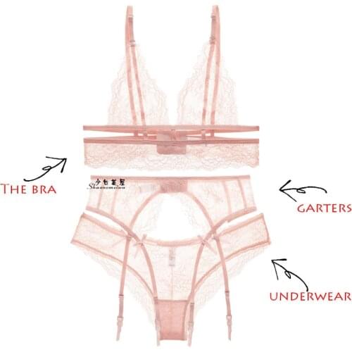 Sexy lace bra underpants garter belt ultra thin see-through allure set transparent bra without steel ring