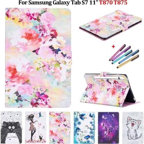 Cat Flower Painted Flip Tablet Case For Samsung Tab S7 Funda T870 T875 Leather Stand Shell For Galaxy Tab S7 Case Coque 11 Inch