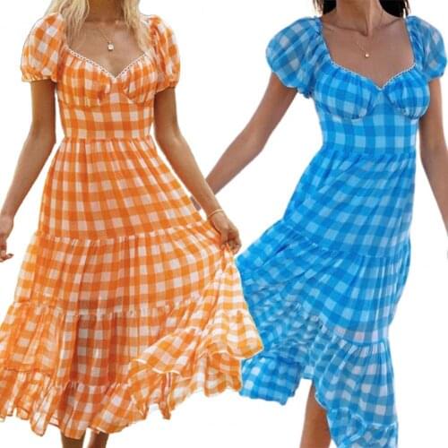 Plaid Puff Sleeve Long Dress Mid-calf Backless Tie Up Casual Dress for Vacation