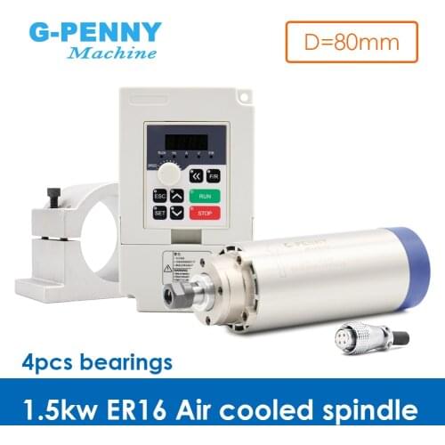 New Arrival! 1.5kw ER16 air cooled spindle kit 80*200mm 4 bearings & 220v 1.5kw H100 QL inverter & 80mm spindle holder