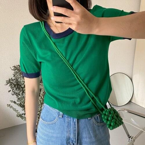 Korean Chic Summer Niche Basic Round Neck Contrast Color Border Loose Short-Sleeved Knit Bottoming T-Shirt Top Women