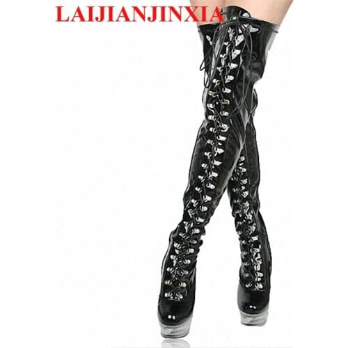LAIJIANJINXIA 15cm Ultra high heels over-the-knee womens Front strap pole dancing shoes thigh high boots motorcycle Dance boots