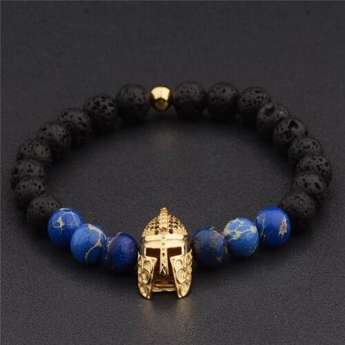 Micro Pave CZ Silver Plated Roman Spartan Warrior Gladiador Helmet Bracelet Men of Black Lava Rock Stone Bead Bracelets