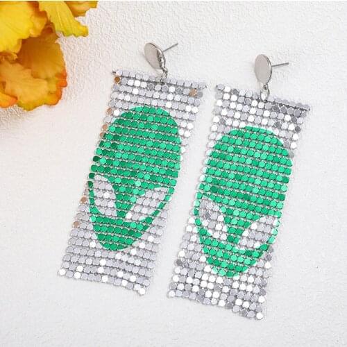 Cute Bat Alien Print Aluminum Sheet Metal Mesh Square Dangle Drop Earrings for Women Halloween Themed Geometry Party Jewelry