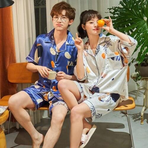 Couple Pajamas Set women man summer ice silk Sleep Tops shorts Sleepwear pijama hombre pijama feminino pijamas de mujer pyjama