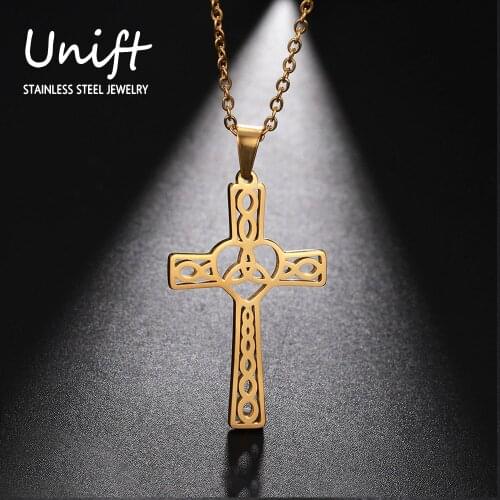 Unift Cross Pendant Necklace Vintage Viking Irish Celtics Knot Ancient amulet Necklace Stainless Steel Faith Jewelry Unisex Gift