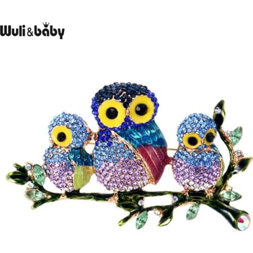 Wuli&baby Rhinestone Family Owls Brooches For Women Fashion Stand Branch Bird Party Office Brooch Pin Gifts