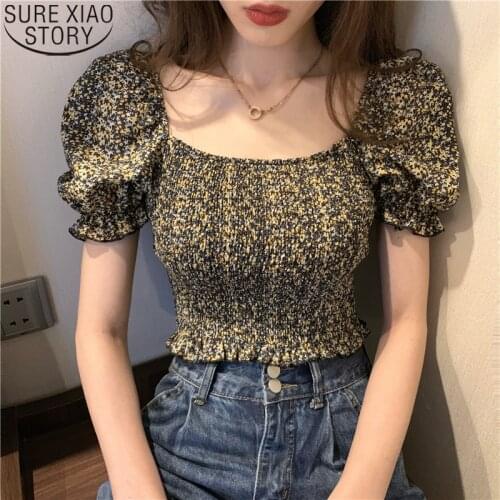 Korean Vintage Women Summer Blouses Puff Short Sleeve Square Collar Short Length Blouse Floral Print Chiffon Shirts Tops 10157