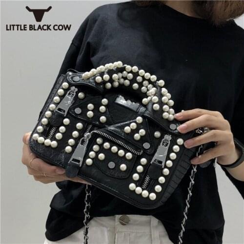 Womens Personality Designer Mini Shoulder Bags Pu Leather Handmade Pearls High Street Motor Biker Chain Crossbody Bags