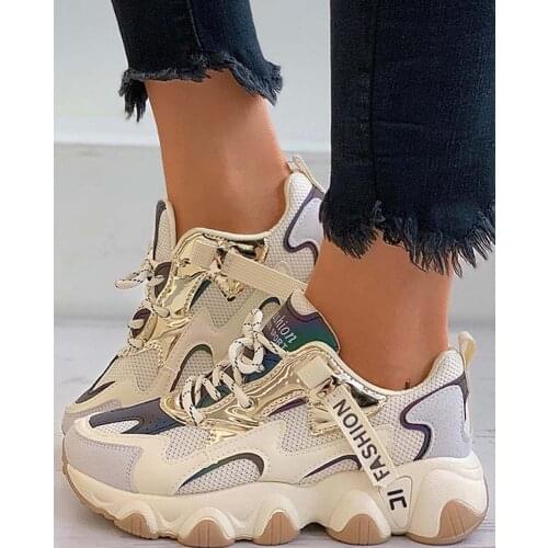 Women Leisure Fashion New Arrivals Shoes Women Flat Platform Lace-Up Spring Patchwork Skidproof Colorful Sneakers