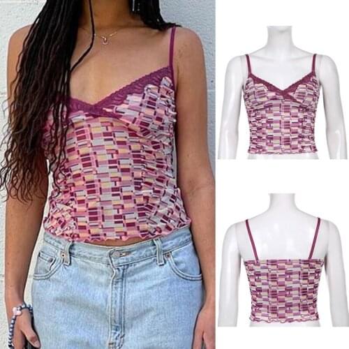 Aesthetic Cute Lace Trim Crop Top Women Chic Print Kawaii Y2K Summer Tops Sleeveless V Neck Sexy Tanks