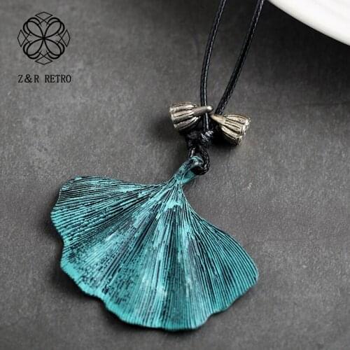 Green Leaf Lotus Jewelry Long Necklace Women Vintage Rope Chain Pendants Collier Femme Jewellery Girls Gift Ginkgo Leaves Choker