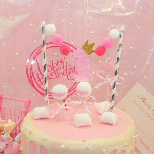 1 Pcs Cute Blue 1st Year Pompon Cake Topper Birthday Cake Decoration Baby Shower Kids Birthday Decoration Party Favor Supplies