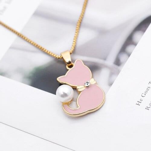 10 Ladies Enamel Cat fox Drops Oil Zircon Pearl Tail Necklace Animal Puppy Cartoon Creative Pets Pussy Pendant Necklace jewelery