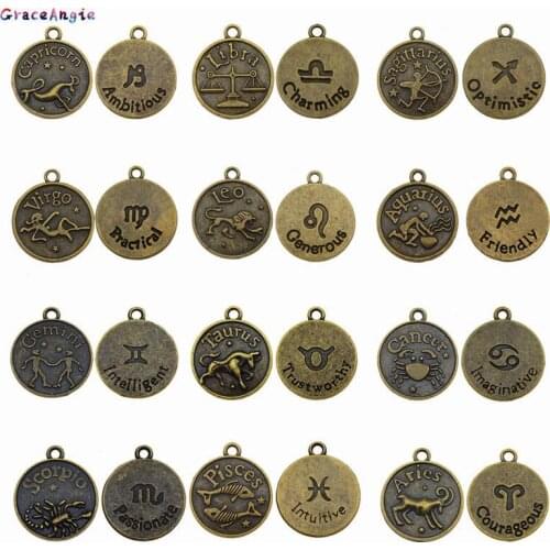 GraceAngie 12pcs Zinc Alloy Antique Bronze Mixed zodiac Double sided design Charms Necklace Pendant Jewelry DIY Findings