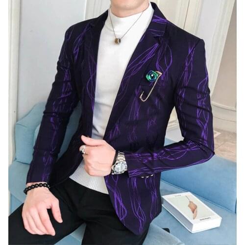 2020 Purple Prom Luxury Blazer for Men Floral Printing Suit Blazers Single Button Party Male Nightclub Slim Wedding Suit Jacket