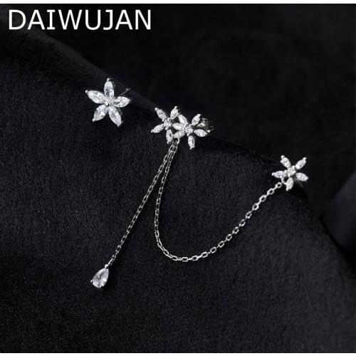 DAIWUJAN 100% 925 Sterling Silver Asymmetrical Zircon Flower Ear Clip Earrings Without Pierced Crystal Cuff Earrings For Women