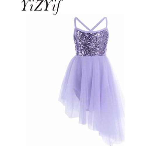 Girls Sequins Ballet Leotard Tutu Dress Irregular Sleeveless Skating Ballet Dance Dress Kids Lyrical Contemporary Dance Costumes