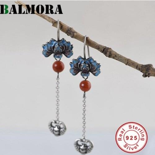 BALMORA Real Original 925 Sterling Silver Drop Earrings for Women Girl Enameling Lotus Flower Dangle Gifts Party Jewelry Brincos