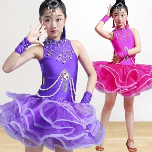 Kid Beaded Rhinestone Tango Salsa Latin Ballroom Dance Tulle Dresses Sequin for Girls Dance Clothes Dancing Competition Costume