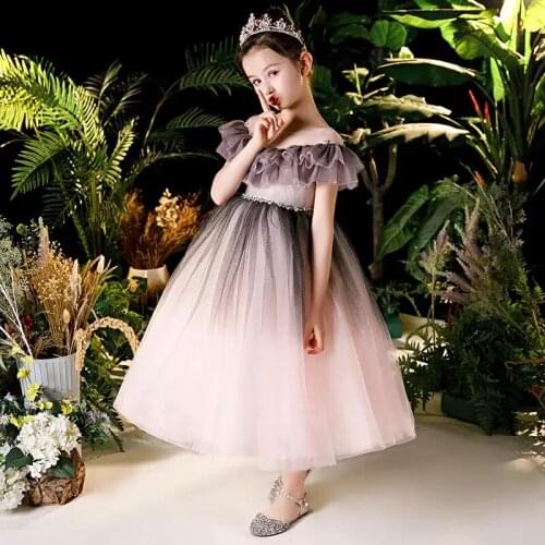 Flower Girl Dress Illusion Crystal O-Neck Short Princess Ankle-Length Tulle Lace Luxury Brown Elegant Cute Kids Party Gown H447