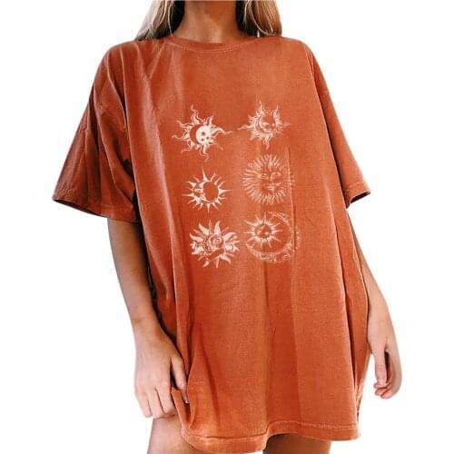 Fashion Ladies Shirt Womens Vintage Sun And Moon Printed Pattern Casual Short Sleeve Tops топики New Arrival Summer Top Рубашки