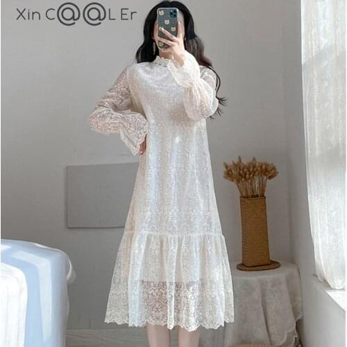 Fashion Spring Women Whtie Dress Flare Sleeve Lace Dresses Summer Stand Neck Bohemia White Embroidery Long Vestidos Slim Dresses