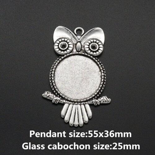 Owl Antique Silver color Pendant Settings Cabochon Base Blank Fit 25mm Round Glass Cabochons DIY Necklace Making findings