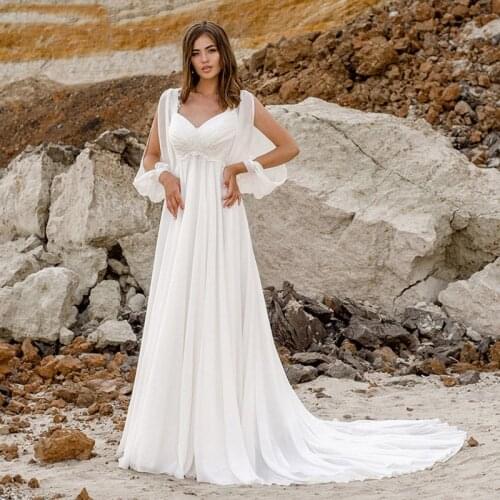 Simple Empire Waist Wedding Dresses Long Sleeves V Neckline Chiffon Wedding Gowns for Bride Corset Beach Bride Dress Customized