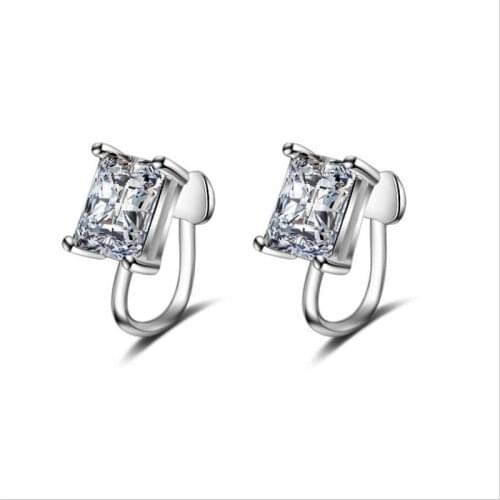 Trendy Lady Silver 925 Sterling Earrings For Women Jewelry Fashion Crystal Square Clip Earring Female Accessories Princess Bijou