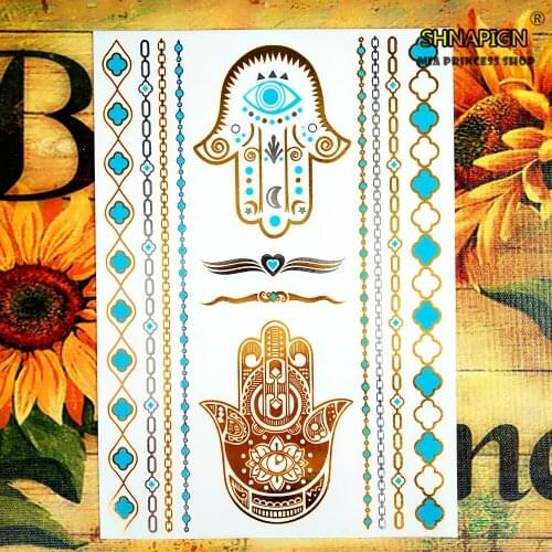 SHNAPIGN 24 style Temporary Tattoo Body Art, Gold Hamsa Fatima Designs, Flash Tattoo Sticker Keep 3-5 days Waterproof 21*15cm