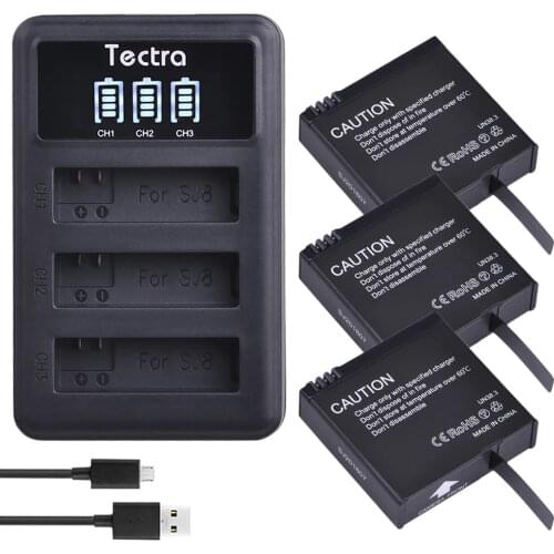 Tectra 3pcs 1200mAh 3.8V Original batterie Camera Battery+ LED 3Slots USB Charger for SJCAM SJ8 Series SJ8 Air SJ8 Plus SJ8 Pro