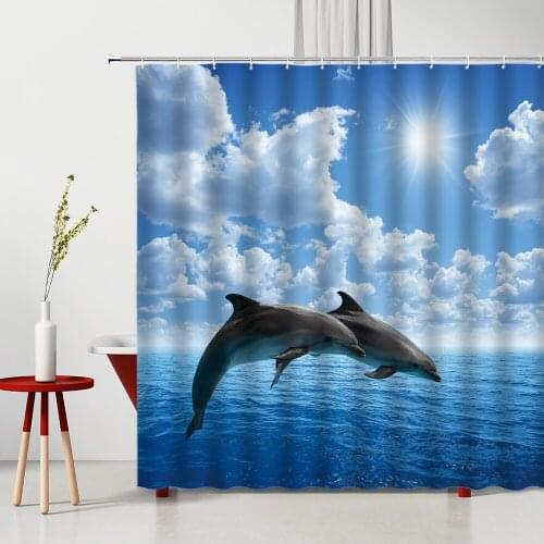3D Sunlight Ocean Design Dolphin Shower Curtain Animal Whale Printing Waterproof Hanging Curtains With Hooks Bathroom Decor