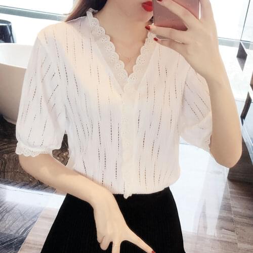 Women 2020 Sweet Fashion Ruffled White Blouses Vintage V Neck Short Sleeve Stretch Female Shirts Blusas Chic Tops Elegant
