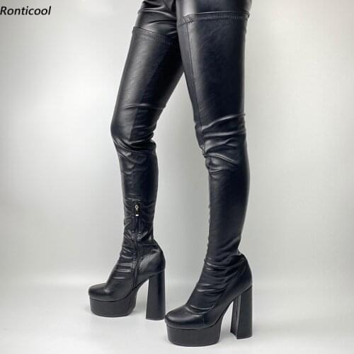 Ronticool Women Spring Platform Thigh Boots Flexible Boots Side Zipper Hoof Heels Round Toe Black Party Shoes Women Us Size 5-15