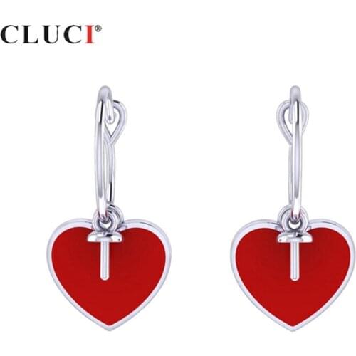 CLUCI Silver 925 Fashion Hoop Earrings for Women Pearl Earrings Mounting 925 Sterling Silver Red Heart Hoop Earrings SE109SB
