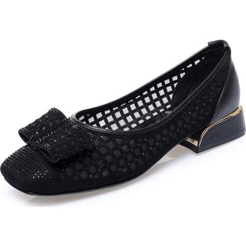 2020 New Summer Square Head Cowhide Mesh Low-heel Shoes Elegant Charm Women Shoes Soft Bottom Comfort Breathable Fashion Shoes