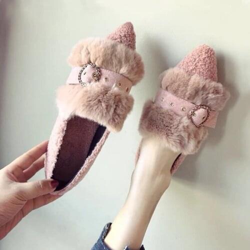 Winter Cotton shoes women studs metal buckle belt fur flats woman sneakers cozy plush loafers pointed toe add cashmere moccasins