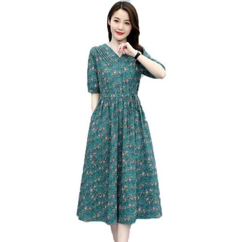 2021Women Summer Cotton And Linen Floral Dress Female Stitching Loose A-line Skirt Female V-Neck Slim Mid-Length Skirt WomenA25