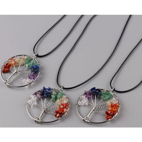 Fashion Natural Rainbow Stone Tree Of Life Quartz Pendant Necklaces Women Multicolor Wisdom Tree Choker Rope Chain Jewelry Gift