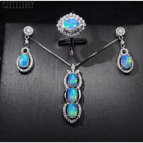 ZHHIRY Natural Color Opal Gemstone Jewelry Sets Genuine Solid 925 Sterling Silver For Women Ring Necklace Earring ZHHIRY