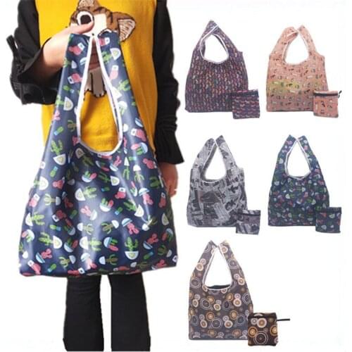 1pcs women bag 3 Colors polyester Foldable Recycle Shopping Bag Eco Reusable Tote Bag Cartoon animal Fruit Vegetable Grocery