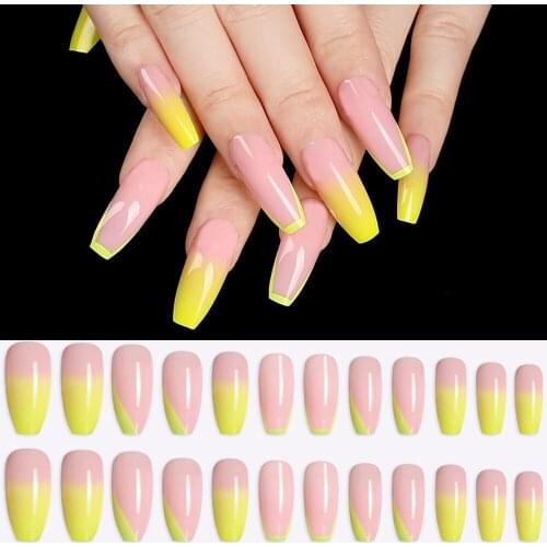 24Pcs/Set Gradient Color Fake Nails With Glue Long Coffin Ballerina Detachable Full Cover False Nails Manicure Tools Nail Art