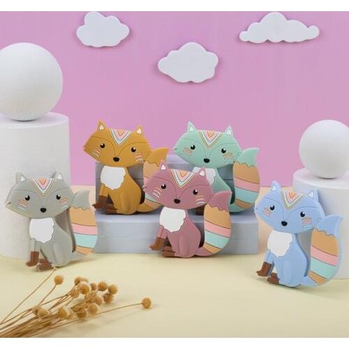 Sunrony 5pcs Baby New Cartoon Animal Fox Food Grade Silicone Pendant DIY Teething Toy Small Tooth Stick Baby Teether Gift