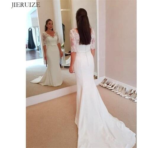 E JUE SHUNG White Lace Appliques Mermaid Wedding Dresses V-neck Half Sleeves Wedding Gowns Bride Dress robe de mariee