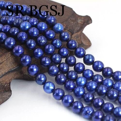 Free Shipping 7-8mm Blue Nearly Round Diy Jewelry Accessories Natural Freshwater Pearl Beads Strand 14"