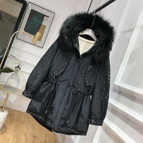 Long White Duck Down Parkas Coat Women Winter Warm Jacket Korean New Rivet Big Pocket Down Coats Women Fur Collar Hooded Outwear