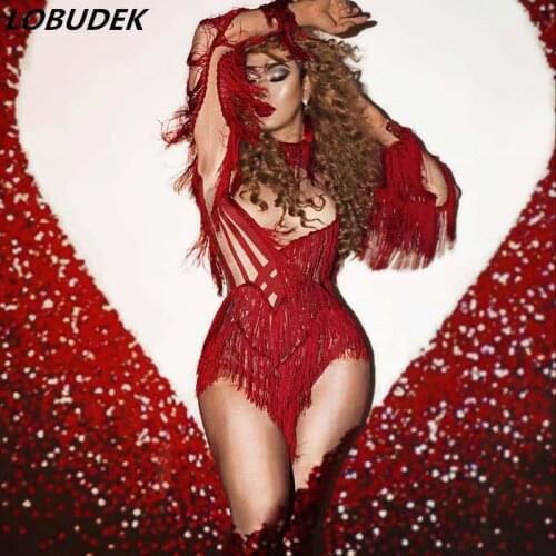 Elastic Long Sleeve Red Tassels Skinny Bodysuit New Year Valentines Day Bar Club Dance Costume Nightclub Singer Fringe Leotard