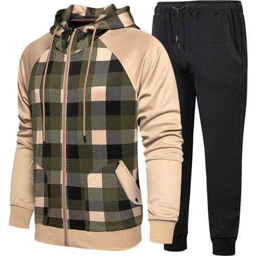 Mens Autumn Zipper Plaid Hoodies Jacket+Pants Sports Suit Casual Street Fashion Gym Tracksuit 2 Pieces Set Jogging Sweatshirts